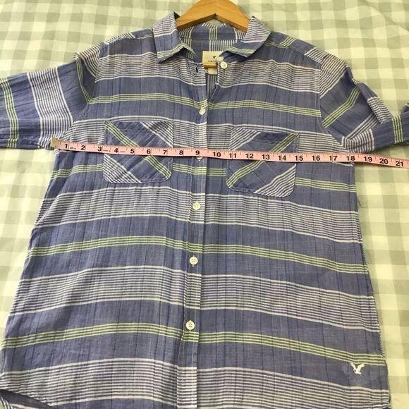 AEO plaid blue Vintage boyfriend 100% cotton button down blouse Small CORNFLOWER - Picture 10 of 14